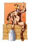 2022 accessory ambiguous_fluids anthro areola balls beverage beverage_can big_breasts biped blonde_hair blonde_pubes blue_eyes bovid bovine breasts brown_areola brown_balls brown_body brown_fur brown_hooves brown_nipples casual_nudity cattle container cowbell curvy_figure detailed_background digital_media_(artwork) ear_piercing ear_tag farmer flaccid flower flower_in_hair foreskin freckles fur genitals gesture glans gynomorph hair hair_accessory hand_gesture hay hay_bale heart_spots hi_res holding_object hooves horn humanoid_genitalia humanoid_penis intersex knee_pulled_up looking_at_viewer m_artifex mammal markings medium_hair milk milk_can milk_container mismatched_nipples mottled mottled_genitalia mottled_penis multicolored_body multicolored_fur navel nipples nude open_mouth partially_retracted_foreskin penis piercing pink_glans pink_nipples pink_nose plant pubes raised_arm short_horn signature sitting slightly_chubby small_horn smile smiling_at_viewer soda solo sparkles spilled_milk spots spotted_body spread_legs spreading tail tail_tuft tan_body tan_fur tan_horn trans_(lore) trans_woman_(lore) tuft v_sign voluptuous