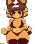 anthro big_breasts black_hair blush blush_lines bob_cut bone bra breasts butt butt_from_the_front cat_tail clothing curvy_figure female fur hair legwear looking_at_viewer markings navel ornament panties skull solo standing striped_markings striped_tail stripes tail tail_markings thick_thighs thigh_highs underwear yellow_body yellow_fur yellow_inner_ear nauskills animal_crossing nintendo ankha_(animal_crossing) domestic_cat felid feline felis mammal hi_res