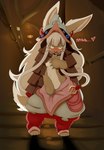 absurd_res anthro armor big_ears blush blush_lines bodily_fluids bottomwear breasts brown_body brown_fur clothed clothing digital_media_(artwork) drooling english_text female fluffy fluffy_tail fur hair headgear helmet hi_res honky_kat looking_at_viewer made_in_abyss mammal nanachi narehate open_mouth pants pants_grab saliva smile solo tail text tongue tongue_out topless whiskers white_body white_fur white_hair yellow_eyes
