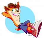 anthro biped clothed clothing countershading footwear fur green_eyes male reclining shoes simple_background smile solo topless scruffkerfluff activision crash_bandicoot_(series) crash_bandicoot bandicoot mammal marsupial 2017 hi_res