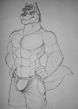 abs anthro bottomwear bulge cheek_tuft clothed clothing facial_tuft front_view hair hand_on_hip male male_anthro mouth_closed muscular muscular_anthro muscular_male open_bottomwear open_clothing open_pants pants pecs short_hair solo standing tail tuft hufnaar canid canine mammal monochrome portrait sketch three-quarter_portrait