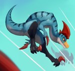 anthro claws head_crest jumping male red_claws red_crest red_eyes simple_background solo speed_lines stripes toe_claws wiosvikulan capcom monster_hunter bird_wyvern velociprey absurd_res hi_res