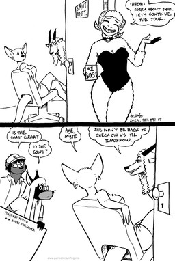anthro baseball_cap bottomwear chair clothing coffee_cup container cup ear_piercing ear_ring eyewear female fingers fur furniture glasses group hair hat headgear headwear hooved_fingers hooves horn long_hair male office_chair piercing ring_piercing skirt tail text wool_(fur) tegerio cassandra_(tegerio) kangy_(tegerio) lana_lynne rina_(runei) serge_skunk antelope bovid canid canine caprine fox kangaroo macropod mammal marsupial mephitid sheep skunk 2023 black_and_white comic english_text hi_res monochrome