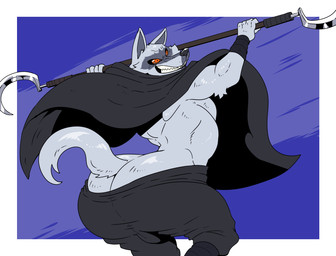 anthro back_muscles big_butt border bottomwear bulge butt butt_cleavage cloak clothing double-bladed_weapon facial_markings fangs fur geometric_background grey_body grey_fur grin head_markings holding_object holding_weapon male markings muscular muscular_male pants red_eyes sharp_teeth simple_background smile solo tail teeth weapon white_border wraps wrist_wraps reagan700 dreamworks puss_in_boots_(franchise) death_(puss_in_boots) canid canine canis mammal wolf 2026 hi_res