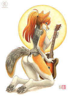 anthro bikini biped blue_eyes breasts butt claws clothed clothing electric_guitar eyewear feet female female_anthro guitar hair hindpaw kneeling long_hair looking_at_viewer looking_back loose_feather musical_instrument nipples orange_hair pawpads paws playing_guitar playing_music plucked_string_instrument ponytail rear_view red_hair simple_background skimpy smile soles solo string_instrument swimwear tail thong toe_claws toes topless two-piece_swimsuit underwear kacey quill_(kacey) canid canine canis coyote mammal 2012 full-length_portrait portrait