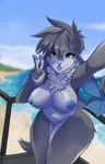 anthro areola bat_wings beach bent_over big_ears blue_nipples blue_tongue breasts day fangs female fur gesture grey_body grey_fur grey_hair hair hand_gesture looking_at_viewer membrane_(anatomy) membranous_wings neck_tuft nipples nude nude_beach outdoor_nudity outside sand sea seaside selfie sky solo taking_picture taking_selfie teeth tongue tongue_out tuft v_sign water wings mocha-wing mocha_(mocha-wing) bat mammal 2022 hi_res