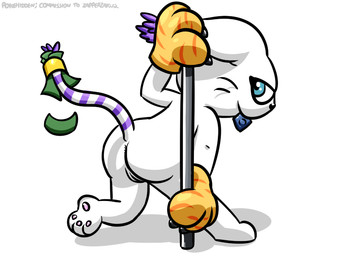 anthro blue_eyes butt condom condom_in_mouth dancing female fur genitals looking_at_viewer money mouth_hold nude object_in_mouth pole pole_dancing presenting sexual_barrier_device simple_background solo stripper vulva white_background white_body white_fur onihidden bandai_namco digimon digimon_(species) felid gatomon mammal 4:3