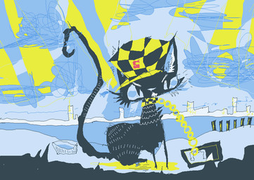 ambiguous_gender blue_body blue_fur bound chain chained city cityscape clothing collar detailed_background feral fur hat headgear headwear solo toony naircat domestic_cat felid feline felis mammal 2017 digital_drawing_(artwork) digital_media_(artwork) microsoft_paint_(artwork) restricted_palette