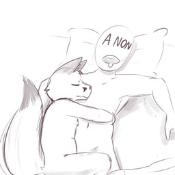 anthro bed cuddling duo eyes_closed fur furniture love lying male on_back on_side open_mouth pillow simple_background sleeping slightly_chubby snoring fishboner_(artist) anon canid canine fox human mammal 1:1 2015 digital_media_(artwork)