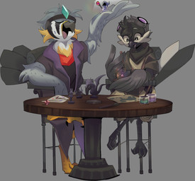 accessory anthro beak black_body black_feathers bottomwear brush chair clothed clothing duo eyes_closed eyewear eyewear_on_head feather_hands feathers figure_painting figurine fully_clothed furniture goggles goggles_on_head grey_background headband holding_brush holding_object holding_paintbrush jacket male multicolored_body multicolored_feathers open_beak open_mouth open_smile paint paintbrush painting_(action) pants scutes shirt simple_background sitting smile table tail tail_feathers teal_body teal_feathers topwear white_body white_feathers yellow_body yellow_feathers psibunny avian bird 2025 absurd_res hi_res