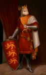 anthro armor coat_of_arms cricetid crown elon_flow_(calidan) england full-length_portrait grasshopper_mouse headgear hi_res ira-arn male mammal medieval_armor melee_weapon portrait rodent shield solo sword weapon
