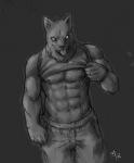 abs anthro athletic biceps big_muscles biped bottomwear clothed clothing clothing_lift fur male muscular muscular_anthro muscular_male nipples pants partially_clothed pecs pose shirt shirt_lift solo standing tank_top tongue tongue_out topwear fffffolder canid canine canis mammal wolf 2009 monochrome