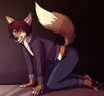all_fours anthro asher_saiph bedroom_eyes brown_pawpads canid canine canis clothing fur hair hi_res inside jackal jacket kneeling light_body light_fur long_hair male mammal narrowed_eyes pawpads paws seductive smile solo tongue tongue_out topwear volp3
