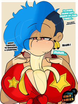 anthro banana bedroom_eyes between_breasts big_breasts blue_hair breasts brown_body brown_fur clothing crop_top dialogue ear_piercing ear_ring eating female fingers food food_between_breasts food_fetish food_play fruit fur hair heart_eyes heart_symbol huge_breasts multicolored_body multicolored_fur name_drop narrowed_eyes nipple_outline object_between_breasts piercing plant ring_piercing seductive shirt simple_background smile solo suggestive suggestive_food tan_body tan_fur tan_skin text topwear inkit89 donkey_kong_(series) nintendo betty_kong_(inkit89) fan_character haplorhine mammal monkey primate 2019 3:4 digital_media_(artwork) english_text hi_res