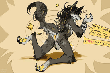 anthro anus backsack ball_tuft balls bodily_fluids coin cum d6 d8 dice erection fur genital_fluids genitals grey_body grey_fur hair heart_symbol inviting_to_sex kneeling leaking_cum long_hair looking_at_viewer looking_back looking_back_at_viewer male male_anthro nude pawpads penis raised_tail solo tail text tuft yellow_anus yellow_pawpads yellow_penis stercore_murum canid canine mammal english_text hi_res
