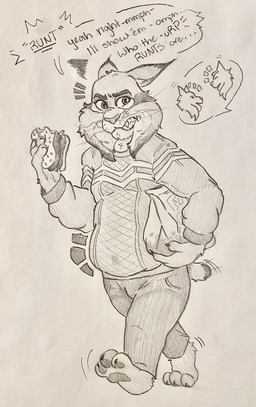 anthro belly bottomwear burger burping clothing crooked_whiskers emanata fangs fast_food female food frustration_cloud fur grease_stains holding_bag holding_burger holding_food holding_object male offscreen_character overeating overweight overweight_male pants paper_bag pawpads paws plantigrade sweater teeth topwear evilpumpkinhead disney zootopia cattrick_lynxley kitty_lynxley pawbert_lynxley canada_lynx felid feline lynx mammal 2026 hi_res monochrome traditional_media_(artwork)