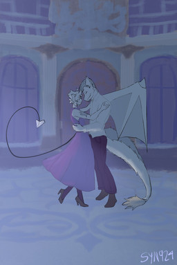 anthro clothed clothing crossdressing dancing dress duo fur male male/male spade_tail spread_wings tail white_body white_fur wings syn924_(artist) mythology dragon humanoid kipino_cyclops mythological_creature mythological_scalie scalie absurd_res hi_res