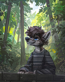 anthro black_nose blue_eyes blue_sky brown_body brown_fur brown_inner_ear cheek_tuft chest_tuft clothed clothing cloud day detailed_background facial_tuft forest fully_clothed fur grey_clothing grey_sweater grey_topwear grin head_tuft inner_ear_fluff leaf looking_up male multicolored_body multicolored_fur outside oversized_clothing oversized_topwear pattern_clothing pattern_sweater pattern_topwear plant pointy_ears prick_ears sky smile solo striped_clothing striped_sweater striped_topwear stripes sweater teeth teeth_showing topwear tree tuft wall_(structure) whisker_spots white_body white_fur white_inner_ear_fluff jacato blue_(amesred) canid canine canis domestic_dog mammal shikoku_ken spitz 2021 4:5 digital_media_(artwork) digital_painting_(artwork) hi_res painting_(artwork) signature