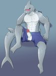 abs anthro balls blush bottomwear clothed clothing erection genitals hand_on_face humanoid_genitalia humanoid_penis male muscular muscular_anthro muscular_male non-mammal_balls penis shorts sitting solo topless biskierisky shen_(biskierisky) fish marine shark absurd_res hi_res