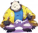 anthro black_body black_fur blush bottomwear clothing cosplay eyes_closed fur humanoid_hands leaf male overweight overweight_anthro overweight_male pants shirt simple_background solo topwear white_background white_body white_fur emufu nintendo pokemon hala_(pokemon) generation_6_pokemon pangoro pokemon_(species) 2019 hi_res