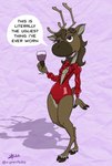 2_toes 3_fingers anthro antlers brown_body brown_eyes brown_fur brown_hair clothing countershading eyeshadow feet female fetishwear fingers fur hair half-closed_eyes holding_wine_glass hooved_fingers hooves horn latex latex_clothing looking_at_viewer makeup narrowed_eyes open_mouth purple_background purple_eyeshadow red_clothing simple_background solo speech_bubble tan_body tan_countershading text textured_background toes toony zigmenthotep deer mammal new_world_deer reindeer 2022 cel_shading digital_drawing_(artwork) digital_media_(artwork) english_text hi_res shaded signature