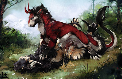 animal_genitalia balls black_body black_claws black_fur black_hair black_mane bodily_fluids claws duo erection feral feral_on_feral frottage fur genital_fluids genitals grass hair horn male male/male male_feral mane medial_ring pawpads penile penis penises_touching pink_pawpads pink_penis plant red_body red_fur red_horn sex sheath urine watersports white_body white_claws white_fur zweikopfeinhorn mythology ember_(trey.embershade) dragon felkin furred_dragon furred_scalie mythological_creature mythological_scalie scalie hi_res