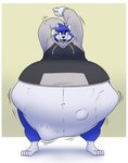 2024 abdominal_bulge anthro arms_above_head belly big_belly blue_body blue_fur bottomless bottomless_anthro bottomless_male canid canine canis claws clothed clothing fangs front_view fur half-closed_eyes hi_res hoodie hoodie_only male mammal multicolored_body multicolored_fur narrowed_eyes navel obese obese_anthro obese_male open_mouth overweight overweight_anthro overweight_male reagan700 soft_vore solo standing teeth tongue tongue_out topwear topwear_only voodoo_(kitsunezero) vore wolf