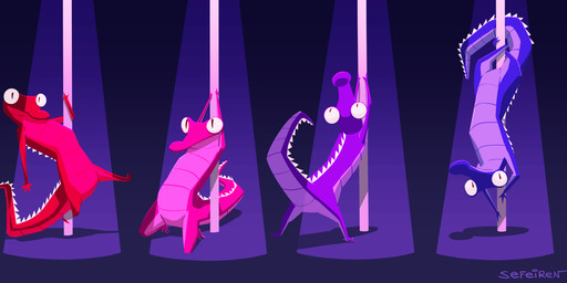 ambiguous_gender dancing feral group kneeling light looking_at_viewer pole pole_dancing pose pupils raised_arm raised_tail slit_pupils spotlight standing tail upside_down conditional_dnp sefeiren cartoon_movie_2016 alligator alligatorid crocodile crocodilian reptile scalie