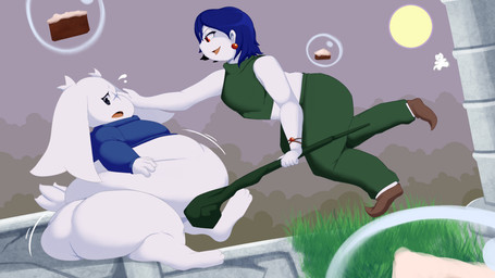 4_fingers 5_fingers anthro belly big_belly black_eyes blue_clothing blue_hair blue_sweater blue_topwear bottomless bottomless_anthro bottomwear brown_clothing brown_footwear brown_shoes bubble cake_slice clothed clothing cloud crop_top duo ear_piercing ear_ring eyelashes facial_scar female female_anthro female_human fingers floppy_ears food footwear fur grass green_bottomwear green_clothing green_crop_top green_grass green_pants green_shirt green_topwear hair highlights_(coloring) holding_object holding_staff huge_belly levitation long_ears lop_ears open_mouth outside overweight overweight_anthro overweight_female pants piercing pink_tongue plant pupils red_ear_ring red_eyes ring_piercing scar shirt shoes short_tail sitting slightly_chubby slightly_chubby_female slightly_chubby_human staff stuffing sweat_emanata sweater sweater_only tail tongue topwear topwear_only white_body white_ears white_fur white_sclera white_skin white_tail x_scar shweetmagnet cave_story misery_(cave_story) sue_sakamoto ghost human lagomorph mammal mimiga night_spirit spirit 16:9 2025 absurd_res hi_res widescreen