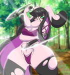 anthro blade breasts clothing female green_eyes legwear lingerie melee_weapon nunchaku solo stockings thong torn_clothing torn_legwear torn_stockings underwear weapon mastergodai rascals jazmin_usagi lagomorph leporid mammal rabbit