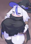 anthro biped blue_eyes blush breasts clothed clothing female fur hat headgear headwear nipple_outline solo white_body white_fur witch_hat rikose lagomorph leporid mammal rabbit