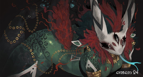 3_eyes accessory anthro black_sclera curvy_figure facial_markings feather_in_hair feathers feet_up female green_body green_skin hair hair_accessory head_markings horn horn_markings humanoid_pointy_ears jewelry loose_feather markings multi_eye pawpads pointy_ears red_hair solo tail tail_feathers voluptuous exobelos ixkan_(exobelos) demon scalie