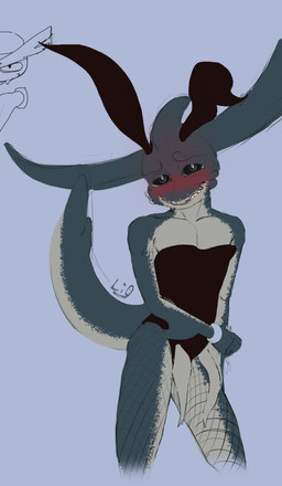 anthro athletic big_tail black_sclera blush bunny_costume clothed clothing costume crossdressing cuffs_(clothing) embarrassed fake_ears fake_rabbit_ears fishnet_clothing fishnet_legwear legwear male shark_fin solo tail li00 aquatic fish mackerel_shark shark thresher_shark absurd_res hi_res