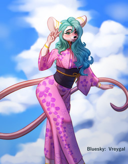 anthro asian_clothing biped blush breasts clothed clothing cloud east_asian_clothing female fully_clothed gesture hair hand_gesture japanese_clothing kimono long_hair shortcord sign solo teal_hair v_sign vreygal bella_(shortcord) mammal mouse murid murine rat rodent hi_res