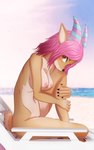 anthro beach beach_chair black_nails blush breasts brown_body brown_eyes colored_nails female fur hair hands_on_legs horn looking_at_viewer multicolored_body multicolored_fur multicolored_horn nails nipples pink_hair seaside shy sitting solo vntn soyuzmultfilm well_just_you_wait! ulya_(wjyw) cervine deer mammal new_world_deer roe_deer 2022 5:8 digital_media_(artwork) hi_res