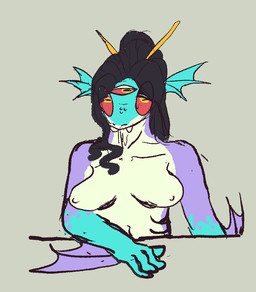 3_eyes anthro black_hair breasts female fin hair horizontal_pupils looking_at_viewer multi_eye nude pupils purple_body solo woodhouse3d chucklefish starbound alien amphibian aquatic fish frog hylotl