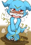 ambiguous_gender anthro blush blush_lines bodily_fluids crossed_legs genital_fluids omorashi open_mouth peeing relieved solo text urine urine_pool watersports wetting queen_kemono bandai_namco digimon digimon_(species) veemon hi_res japanese_text