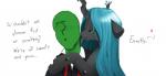 bestiality clothing crown dialogue duo female feral green_eyes headgear heart_symbol horn human_on_feral interspecies licking male male/female question_mark simple_background suggestive text tongue tongue_out white_background jalm friendship_is_magic hasbro my_little_pony anonymous queen_chrysalis_(mlp) arthropod changeling human mammal english_text