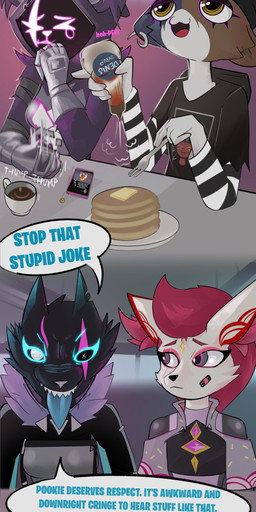 anthro comic_panel dialogue female female/female food food_fetish group hair imminent_sex piercing pink_hair speech_bubble tail text kuwsh epic_games fortnite kimiko_five-tails meow_skulls pack_leader_highwire raven_team_leader bear canid canine canis domestic_cat felid feline felis fox mammal wolf absurd_res comic english_text hi_res long_image tall_image
