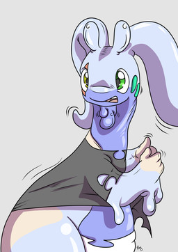 ambiguous_gender antennae_(anatomy) clothing goo_transformation green_eyes grey_clothing grey_shirt grey_topwear open_mouth shirt simple_background solo species_transformation surprised topwear torn_clothing transformation rex_equinox nintendo pokemon generation_6_pokemon goodra human mammal pokemon_(species) 2015 absurd_res digital_media_(artwork) hi_res