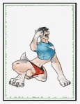 anthro border bulge canid canine canis clothed clothing domestic_dog easyspark english_text erection genitals hi_res husky male mammal muscular muscular_anthro muscular_male nipples nordic_sled_dog pecs penis solo spitz tail text torn_clothing transformation underwear white_border