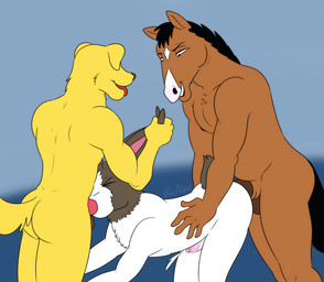 all_fours anal anal_penetration anthro anthro_on_anthro anthro_penetrated anthro_penetrating anthro_penetrating_anthro biped blue_background bodily_fluids brown_body brown_penis brown_skin butt cum cum_while_penetrated cumshot double_penetration ear_pull ejaculation eyes_closed fellatio fur genital_fluids genitals group group_sex hands-free humanoid_hands interspecies looking_down male male/male male_penetrated male_penetrating male_penetrating_male nude open_mouth open_smile oral oral_penetration orgasm penetration penile penis pink_penis rough_sex sex side_view simple_background smile spitroast standing threesome tongue tongue_out torso_grab trio white_body white_fur yellow_body yellow_fur buns-n-spurs bojack_horseman netflix bojack_horseman_(character) mr._peanutbutter rutabaga_rabitowitz bird_dog canid canine canis domestic_dog equid equine horse hunting_dog labrador lagomorph leporid mammal rabbit retriever