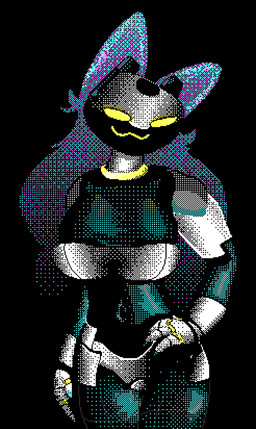 :3 anthro athletic athletic_anthro athletic_female big_breasts black_background black_body blue_hair blue_lighting breasts cmyk curvy_figure ears_up faceplate female gloves_(marking) glowing glowing_eyes hair hand_on_hip head_tilt hourglass_figure long_hair looking_at_viewer markings midriff multicolored_hair narrowed_eyes navel pink_hair pseudo_clothing segmented_arms segmented_body simple_background solo white_markings yellow_eyes yellow_light screenrae myla_(spooky.sys) felid feline mammal robot_anthro 2026 absurd_res digital_media_(artwork) dithering hi_res pixel_(artwork) portrait restricted_palette three-quarter_portrait