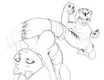 anthro big_breasts bouncing_breasts breasts duo female fight genitals kick pussy small_breasts fours_(artist) brutal_paws_of_fury dreamworks kung_fu_panda foxy_roxy master_tigress canid canine felid fox mammal pantherine tiger 2024 digital_drawing_(artwork) digital_media_(artwork) hi_res line_art monochrome sketch