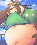 anthro belly big_belly blush bodily_fluids brown_body brown_fur clothed clothing clothing_lift cloud fur kemono male navel one_eye_closed outside overweight overweight_male shirt shirt_lift solo sweat topwear kisort lifewonders live_a_hero shoen canid canine mammal raccoon_dog tanuki 2022 hi_res