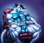 5_fingers abs anthro balls biceps big_balls big_muscles big_pecs big_penis biped blue_body blue_scales chair claws erection fingers front_view furniture genitals horn male masturbation muscular muscular_anthro muscular_male nipple_piercing nipples nude pecs penis piercing scales sitting smile solo teeth thick_thighs vein lytta_the_bug fallout microsoft fan_character jakob_(mechanicaldclaw) deathclaw scalie 2018 hi_res unavailable_at_source