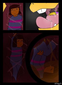 5_fingers ambiguous_gender ambiguous_human ambiguous_prey anthro anthro_pred belly big_belly bodily_fluids buckteeth clothed clothed_ambiguous clothed_human clothed_prey clothing dripping duo fangs female female/ambiguous female_anthro female_pred fingers fully_clothed fully_clothed_ambiguous fully_clothed_human fully_inside gui human_on_anthro human_prey inside_stomach internal interspecies larger_anthro larger_female larger_pred micro mouth_shot open_mouth pink_tongue saliva saliva_drip saliva_on_tongue saliva_string simple_background size_difference smaller_ambiguous smaller_human stomach_acid swallowing teeth text throat tongue upside_down uvula vore yellow_body chubbyjam undertale undertale_(series) alphys frisk_(undertale) human lizard mammal reptile scalie comic