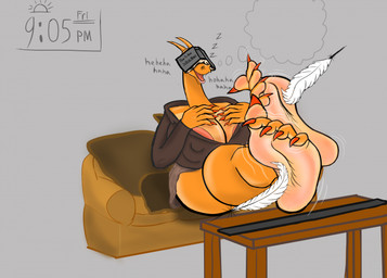 anthro big_breasts big_feet book breasts crossed_feet crossed_legs dream feathers feet female foot_fetish foot_focus furniture huge_breasts huge_feet laugh oblivious sleeping solo thick_thighs tickling tickling_feet toe_wiggle unaware_tease itsnotaphasemom nintendo pokemon ms._zard charizard generation_1_pokemon humanoid pokemon_(species) hi_res