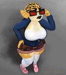 anthro bottomwear breasts cleavage clothed clothing eyewear female freckled_breasts freckled_face freckled_legs freckled_thighs freckles glasses lips looking_at_viewer looking_up multicolored_body red_eyes shorts simple_background solo thick_lips two_tone_body yellow_body ahoeforcoffee fish marine pufferfish tetraodontiform 2024 absurd_res hi_res