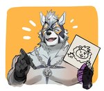 5_fingers anthro bar_emanata black_clothing black_gloves black_handwear black_nose blue_body blue_fur chain_necklace clothing drawing emanata eyes_closed facial_tuft fangs fingers fur gloves grey_body grey_ears grey_fur grey_hair hair handwear holding_object holding_paper holding_pen jewelry male male_anthro marker mask mohawk muscular muscular_male necklace nipples open_mouth open_smile paper pen pink_tongue rougarou_(anothereidos_r) simple_background smile solo sports_mask sportswear teeth tongue tuft wrestling_mask yellow_background neumokun anothereidos_of_dragon_vein_r mythology canid canine canis mammal mythological_canine mythological_creature werecanid werecanine werecreature werewolf wolf